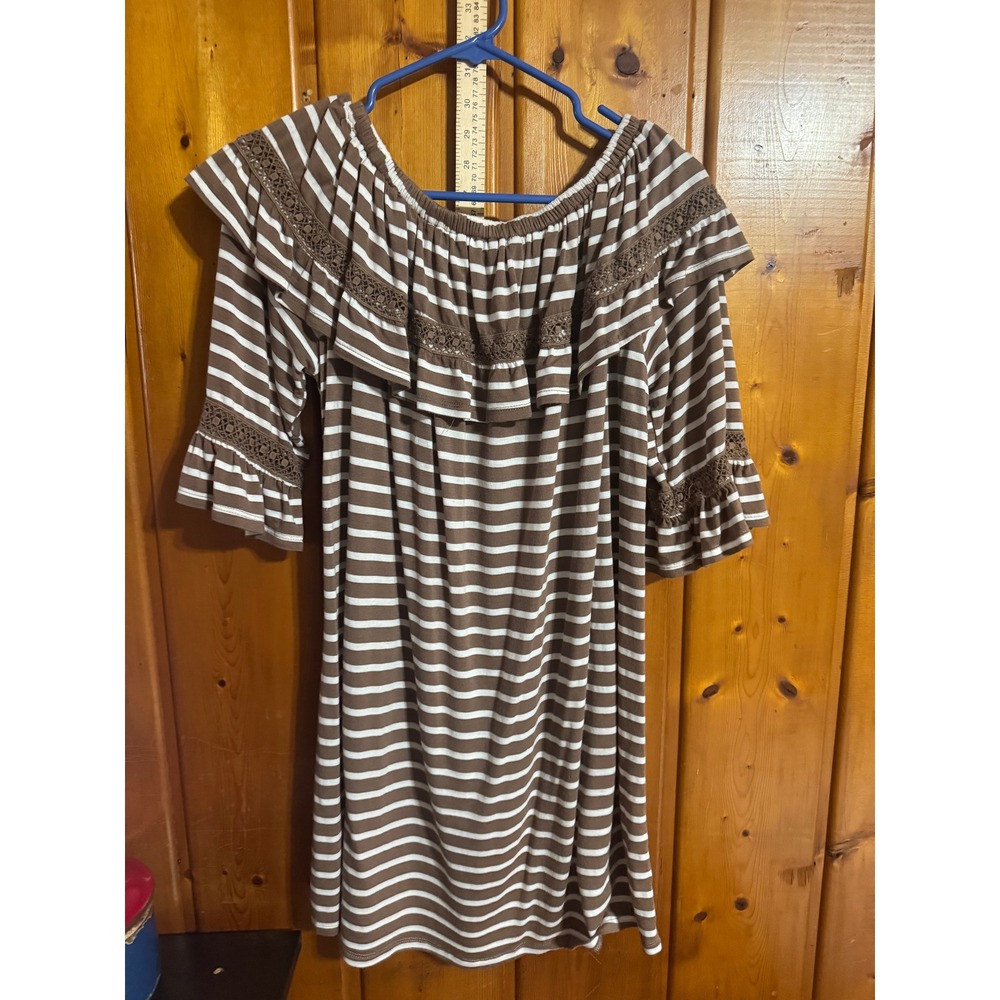 Jodifl Brown White Striped Off Shoulder Ruffle Crochet Lace Mini Dress Small